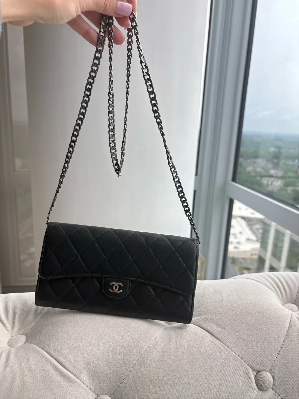 AUTHENTIC CHANEL GUSSET FLAP  BLACK QUILTED LEATHER WALLET ON CHAIN